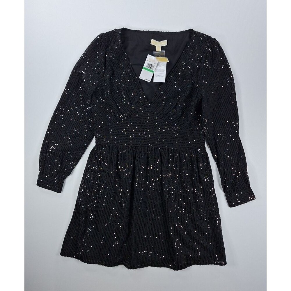 Michael Kors Black Sequin Dress L Long Sleeve V-Neck Fit Flare Cocktail Party